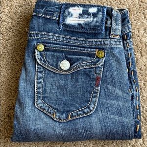 MEK Jeans NEW YORK distressed stitched Western flap pocket LOW RISE